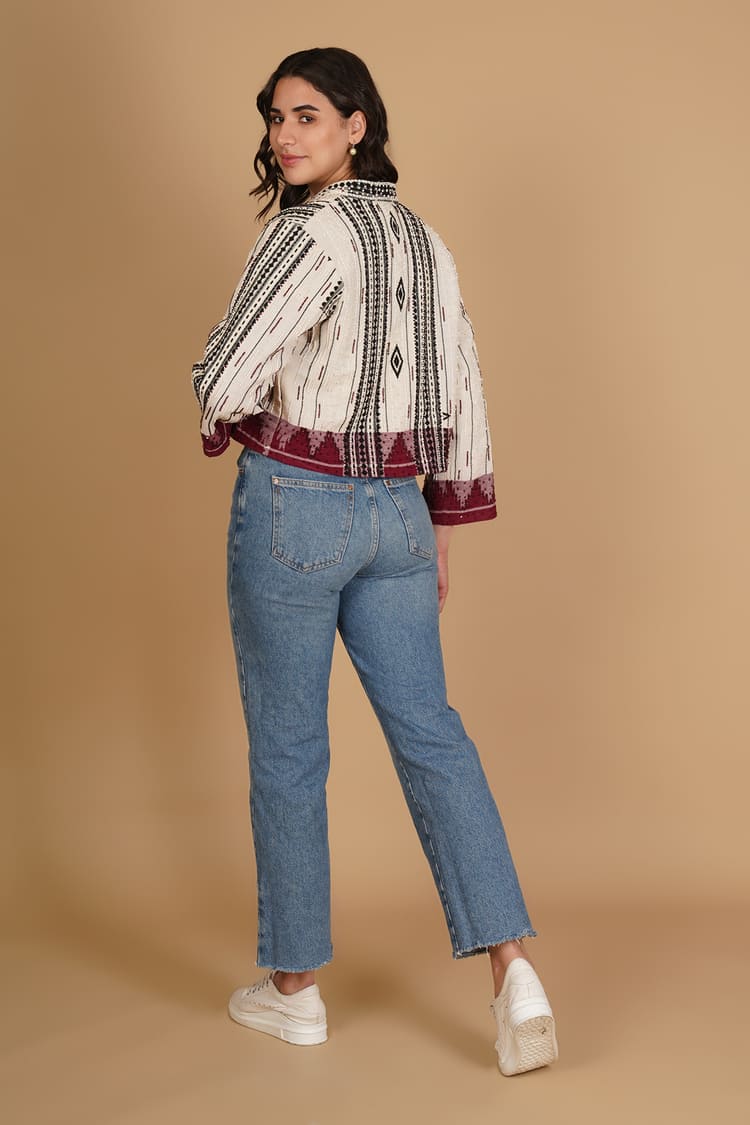 Rhea White & Maroon Kotpad Embroidery Short Jacket