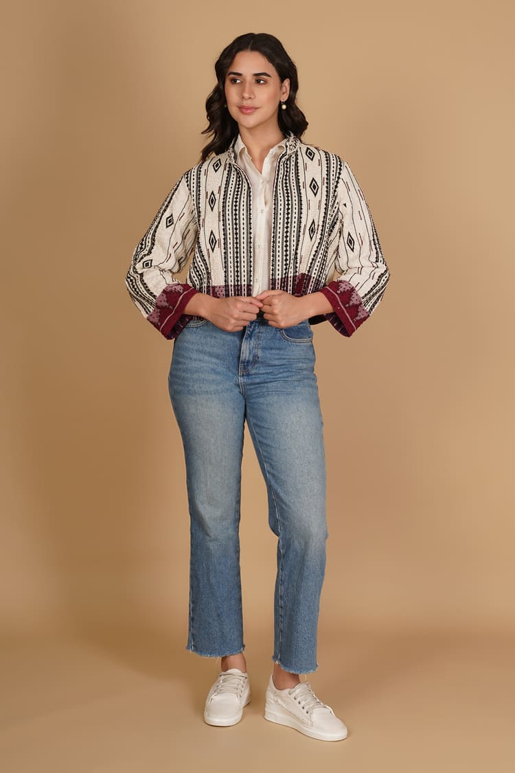 Rhea White & Maroon Kotpad Embroidery Short Jacket