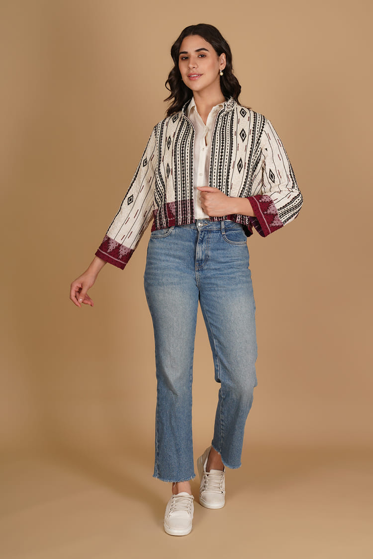 Rhea White & Maroon Kotpad Embroidery Short Jacket