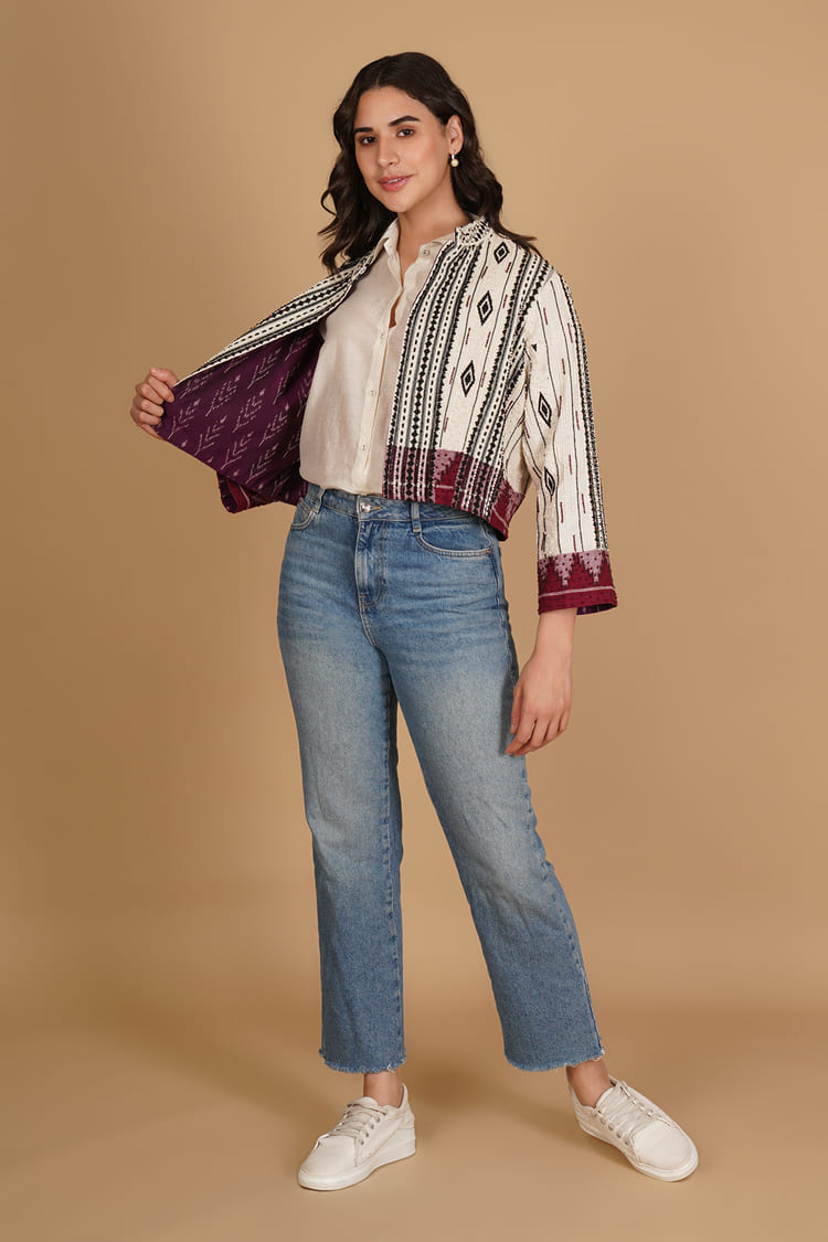 Rhea White & Maroon Kotpad Embroidery Short Jacket