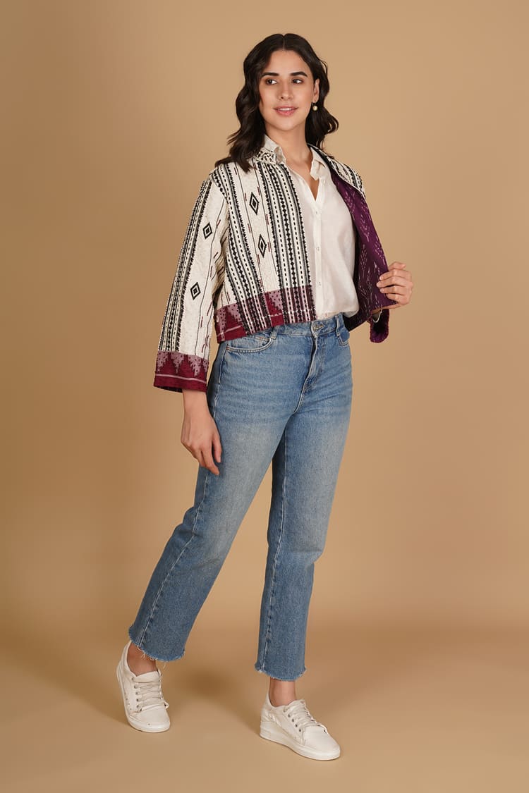 Rhea White & Maroon Kotpad Embroidery Short Jacket