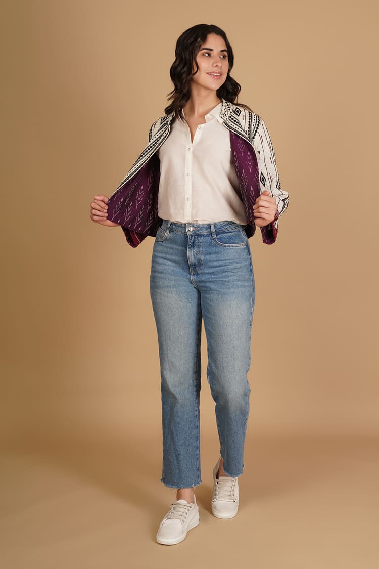 Rhea White & Maroon Kotpad Embroidery Short Jacket