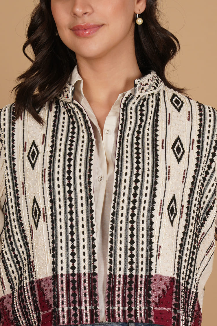 Rhea White & Maroon Kotpad Embroidery Short Jacket