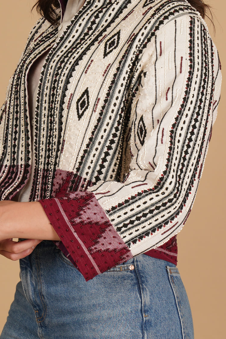 Rhea White & Maroon Kotpad Embroidery Short Jacket