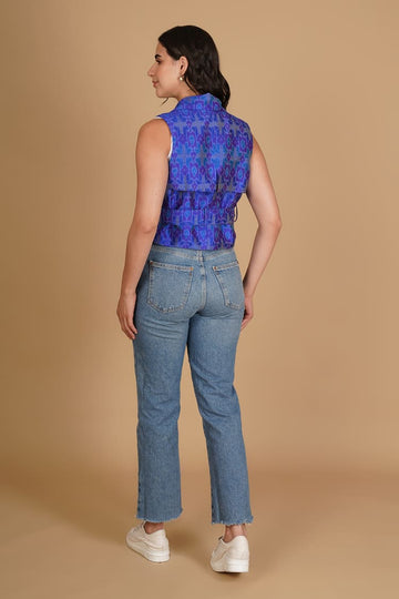 Aurelia Blue Ikat Raw Silk Crop Jacket