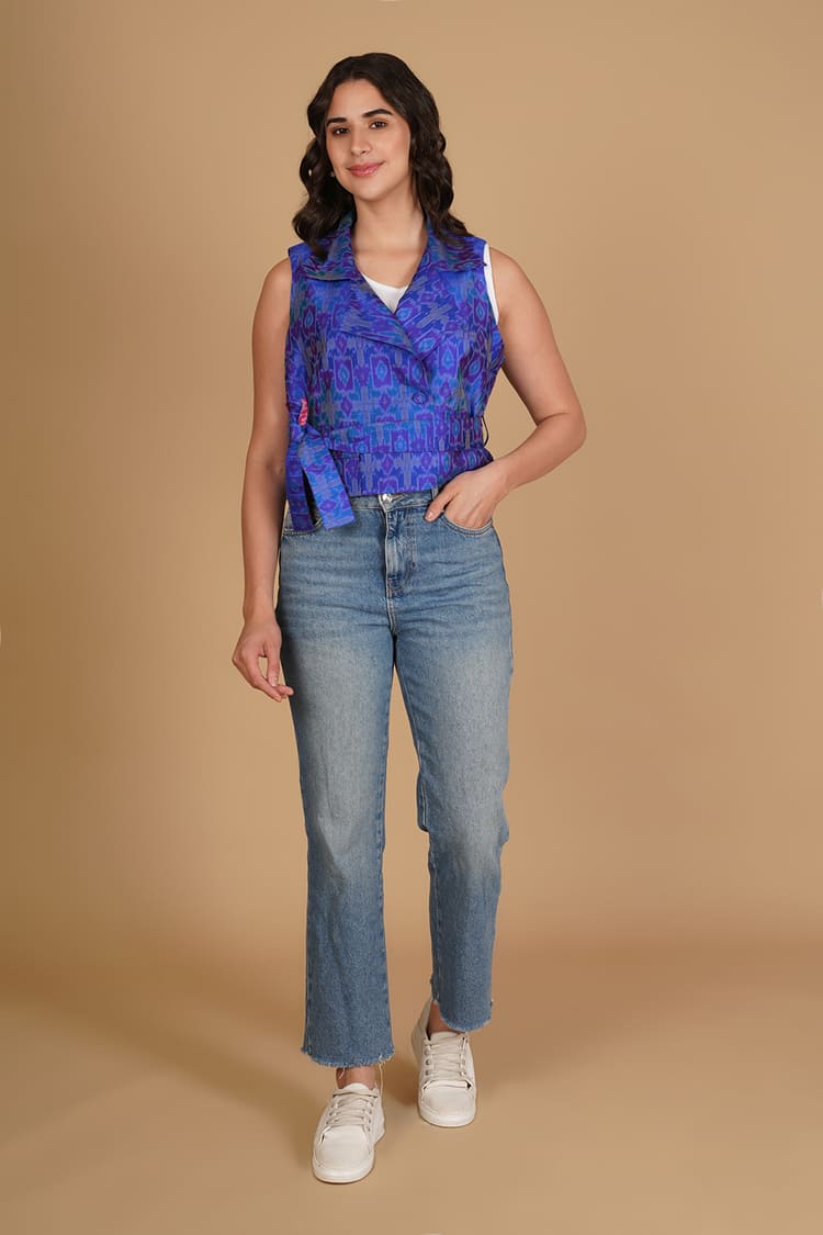 Aurelia Blue Ikat Raw Silk Crop Jacket