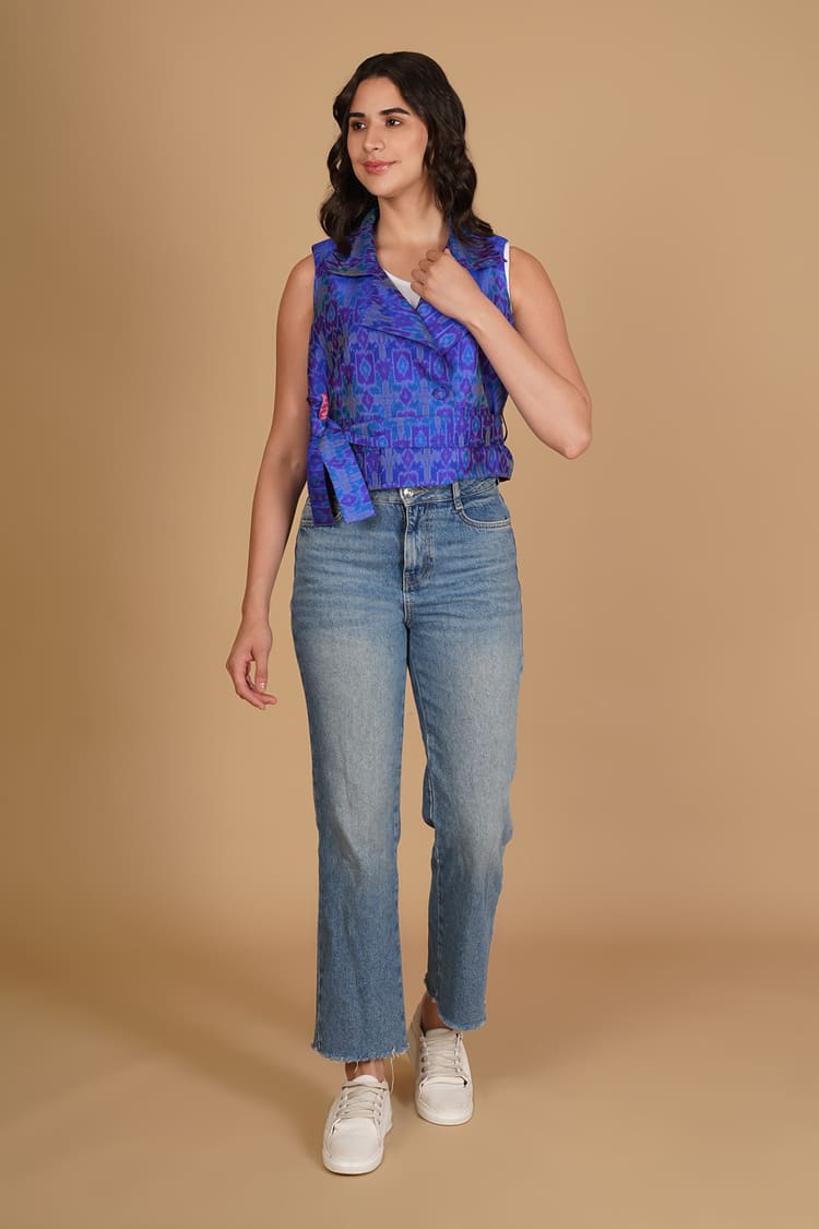 Aurelia Blue Ikat Raw Silk Crop Jacket