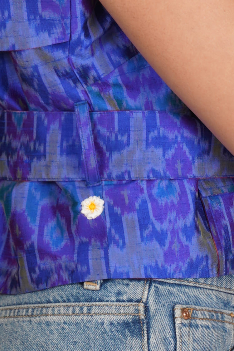 Aurelia Blue Ikat Raw Silk Crop Jacket