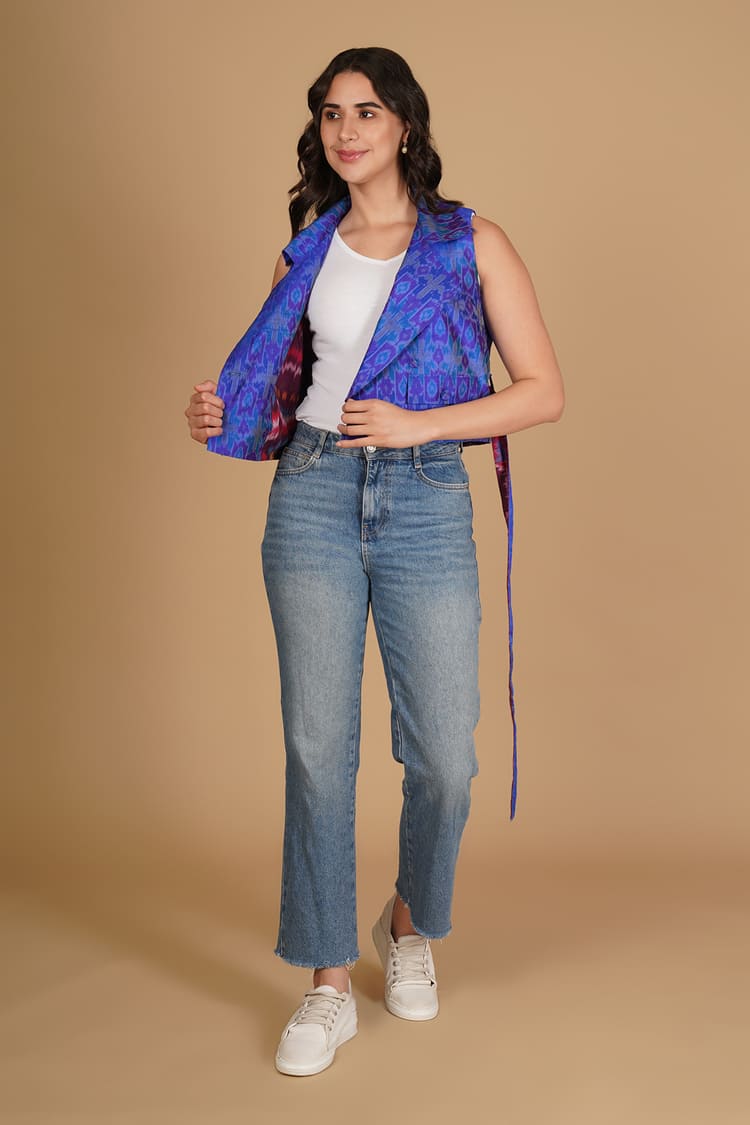 Aurelia Blue Ikat Raw Silk Crop Jacket