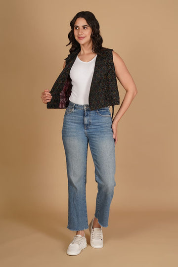 Ziva Black Ikat Raw Silk Crop Jacket