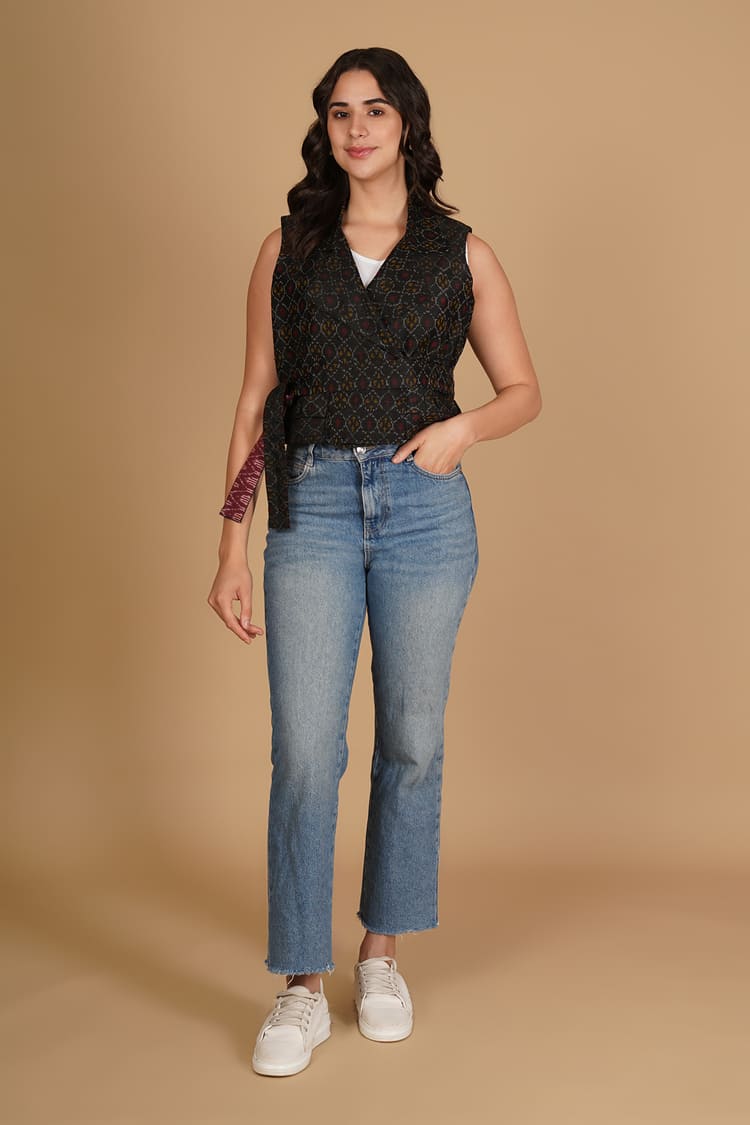 Ziva Black Ikat Raw Silk Crop Jacket