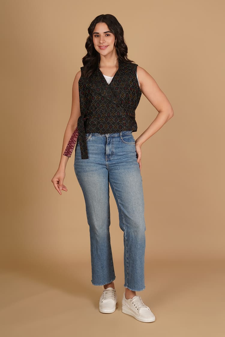 Ziva Black Ikat Raw Silk Crop Jacket