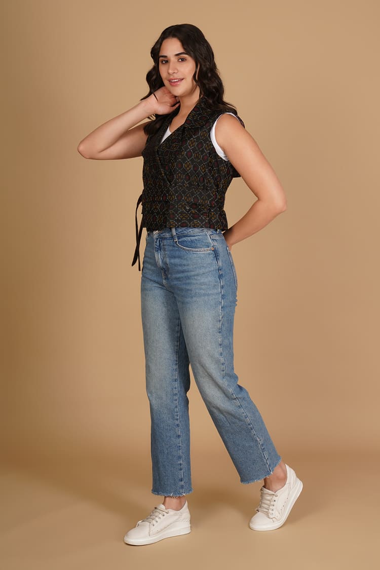 Ziva Black Ikat Raw Silk Crop Jacket