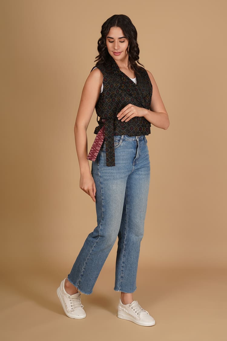 Ziva Black Ikat Raw Silk Crop Jacket