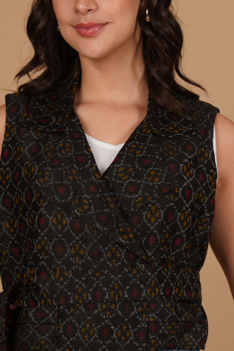 Ziva Black Ikat Raw Silk Crop Jacket