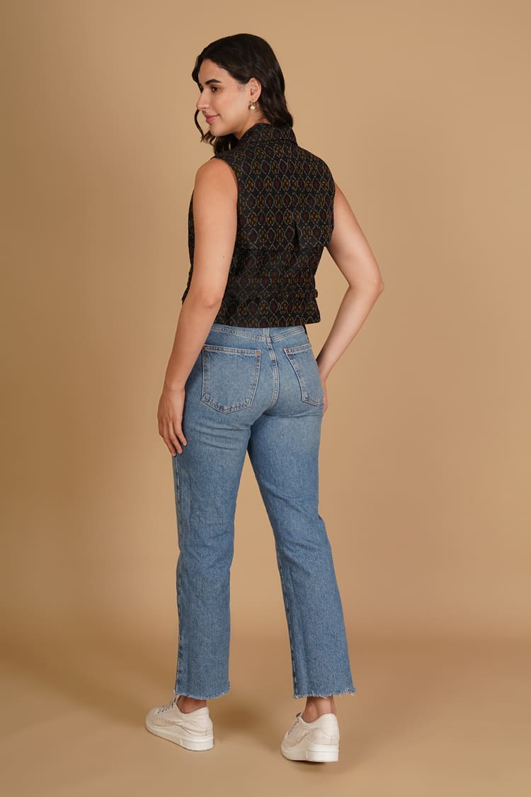 Ziva Black Ikat Raw Silk Crop Jacket