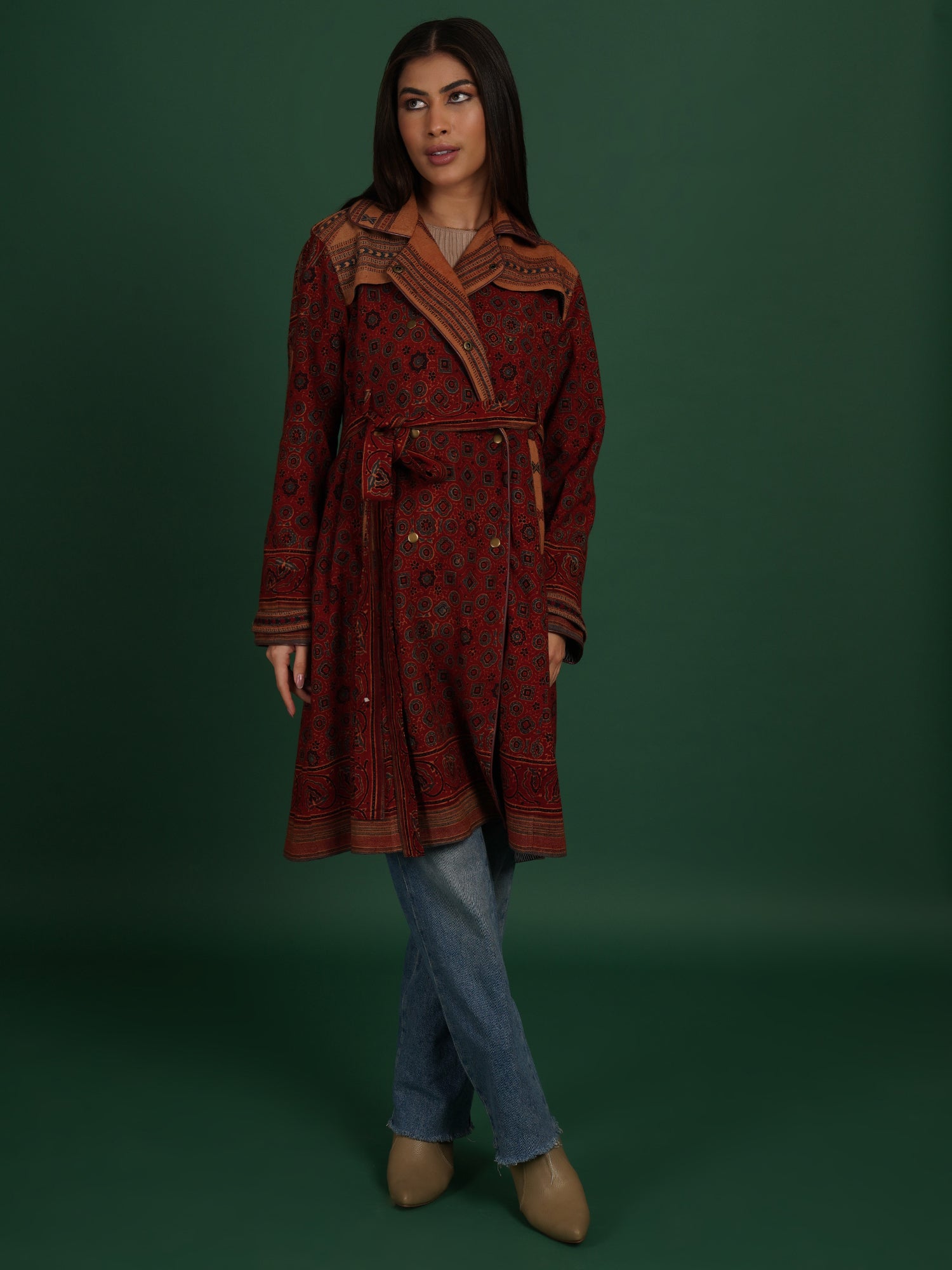 Rust Ajrak Bhujodi Ikat Cotton Trench Jacket