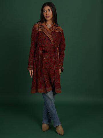 Rust Ajrak Bhujodi Ikat Cotton Trench Jacket
