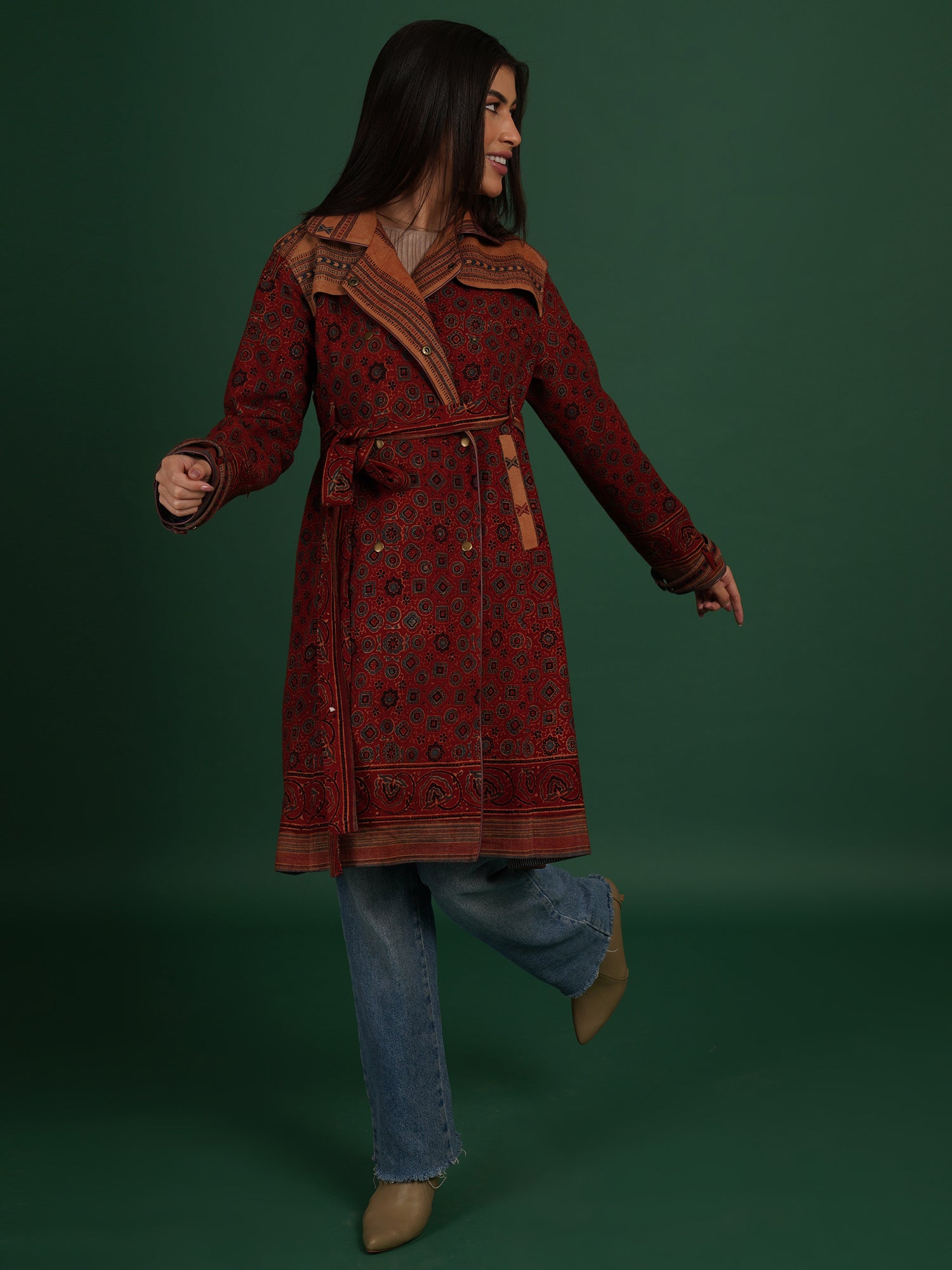 Rust Ajrak Bhujodi Ikat Cotton Trench Jacket