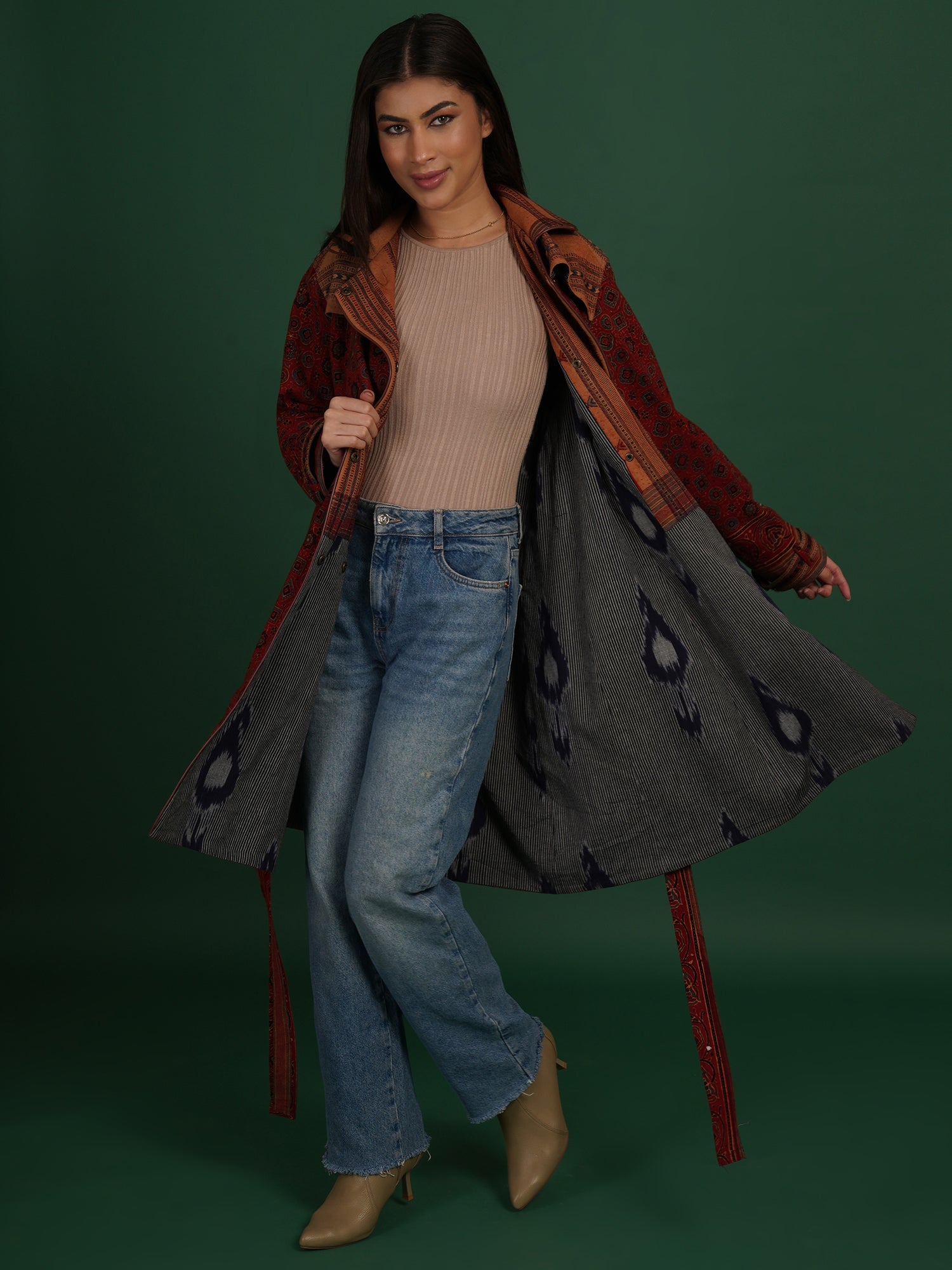 Rust Ajrak Bhujodi Ikat Cotton Trench Jacket