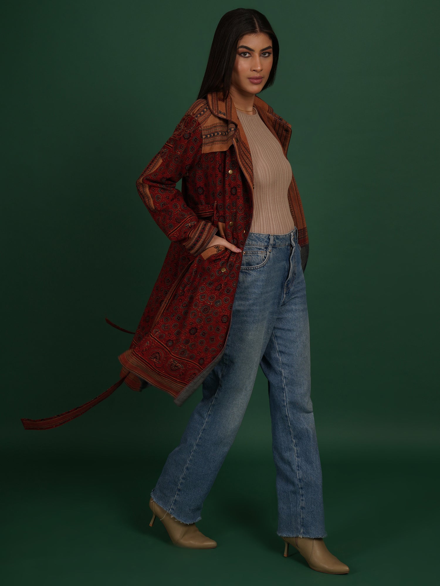 Rust Ajrak Bhujodi Ikat Cotton Trench Jacket