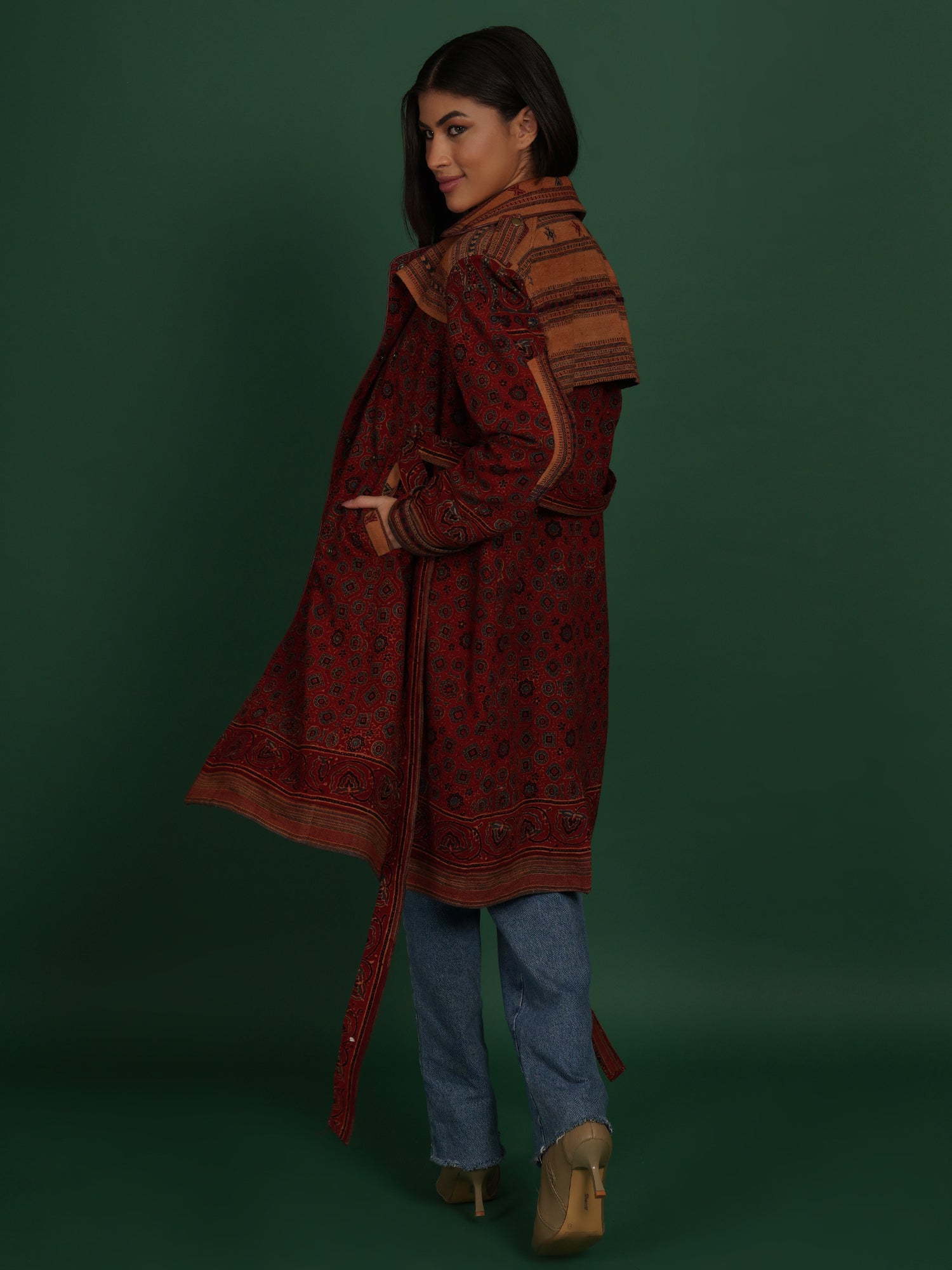 Rust Ajrak Bhujodi Ikat Cotton Trench Jacket