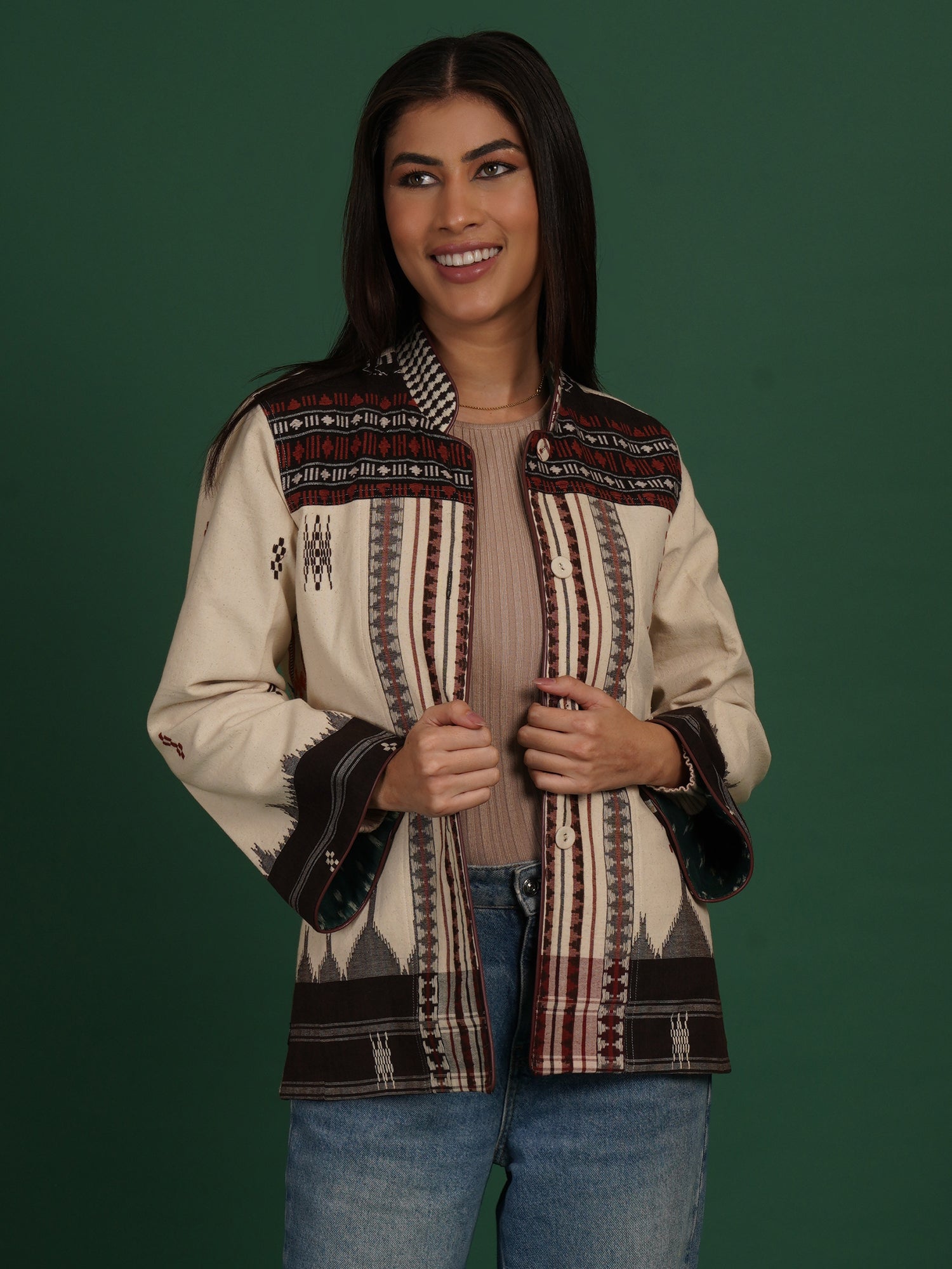 White Kotpad Ikat Cotton Short Jacket