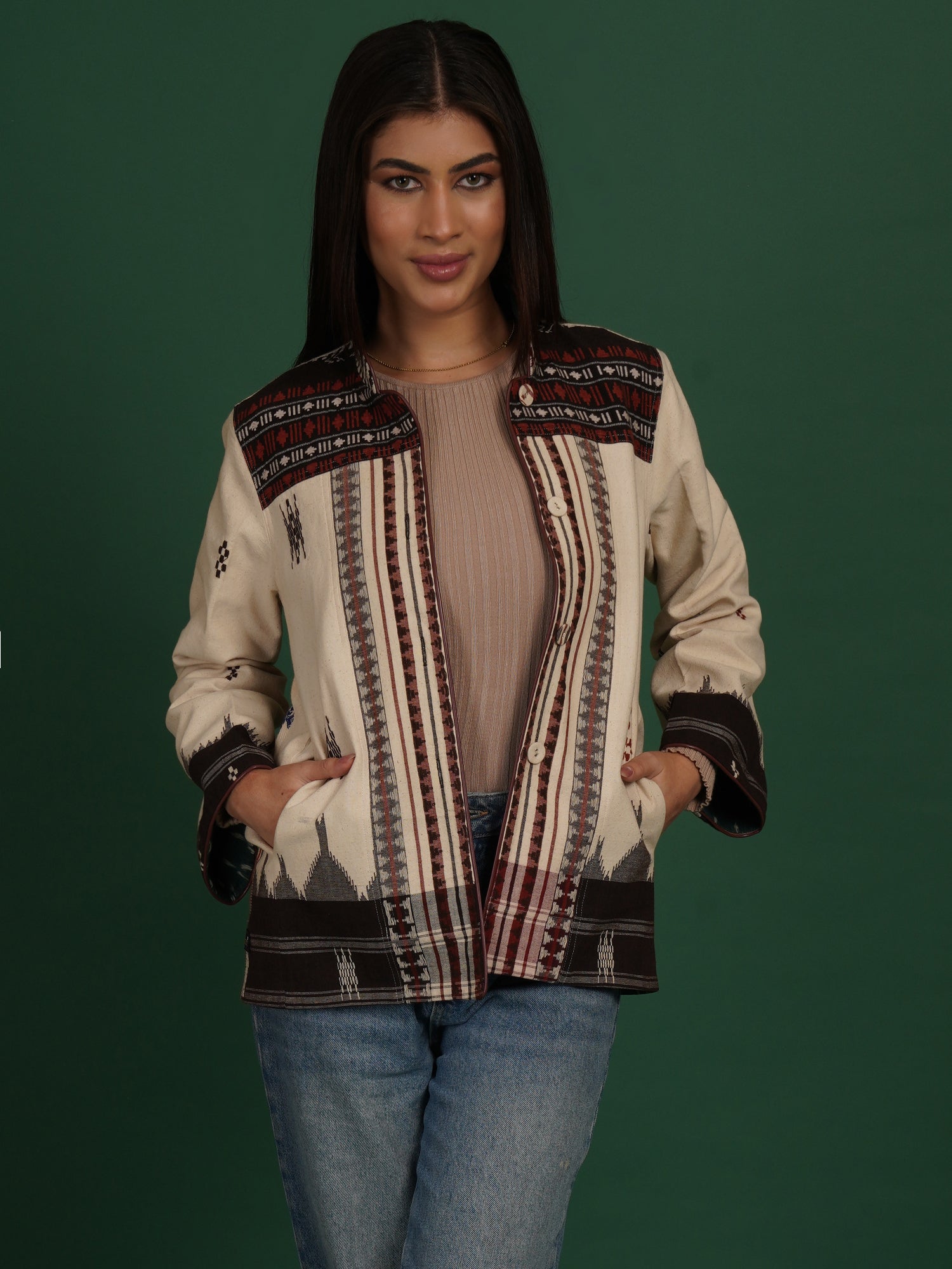 White Kotpad Ikat Cotton Short Jacket