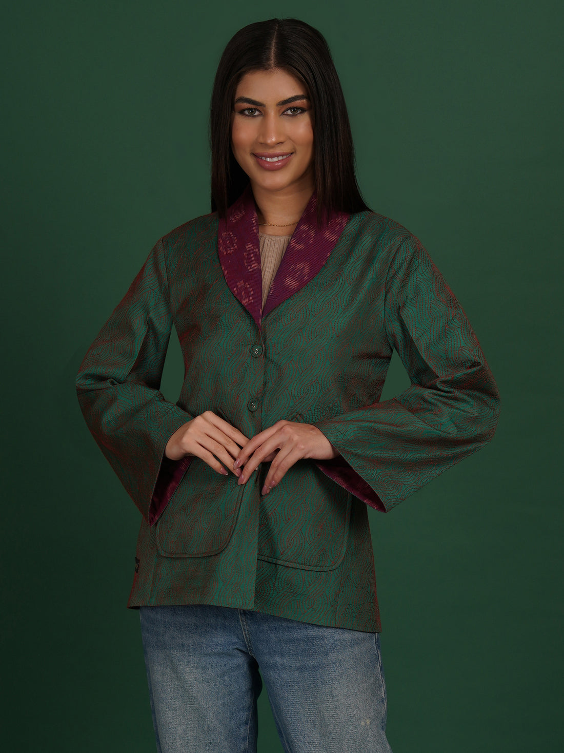 Green And Purple Kantha Ikat Cotton Short Jacket