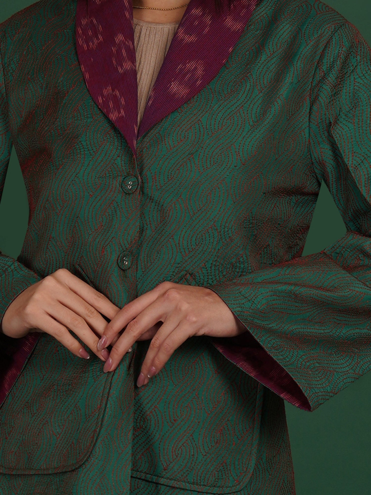 Green And Purple Kantha Ikat Cotton Short Jacket