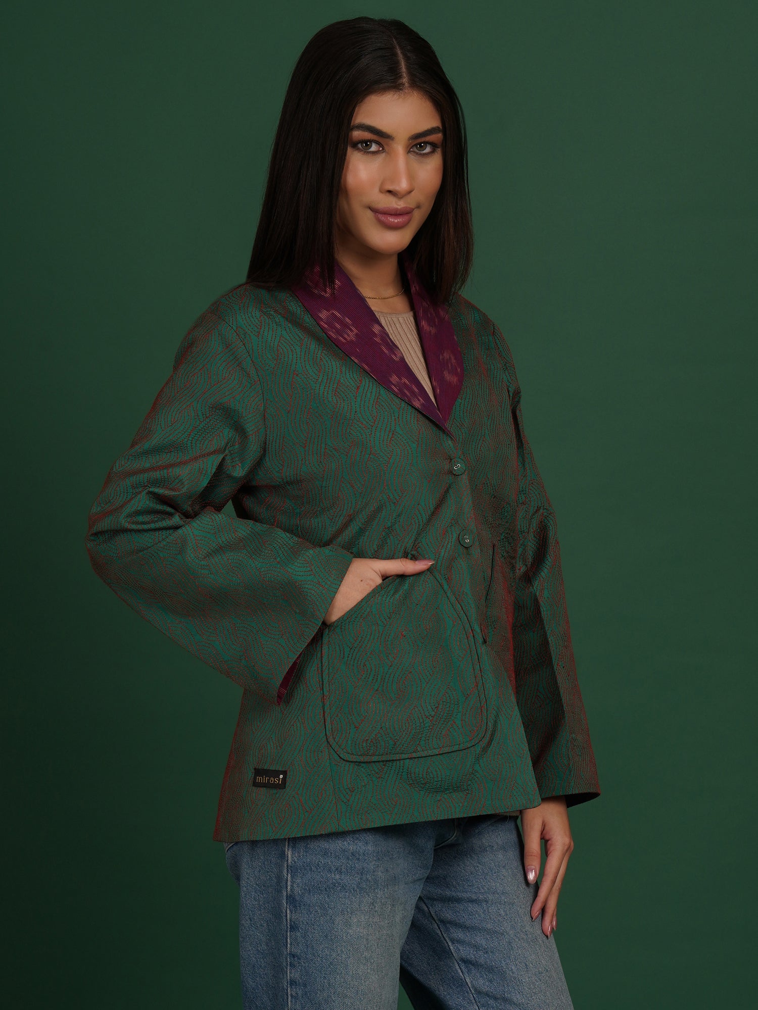 Green And Purple Kantha Ikat Cotton Short Jacket