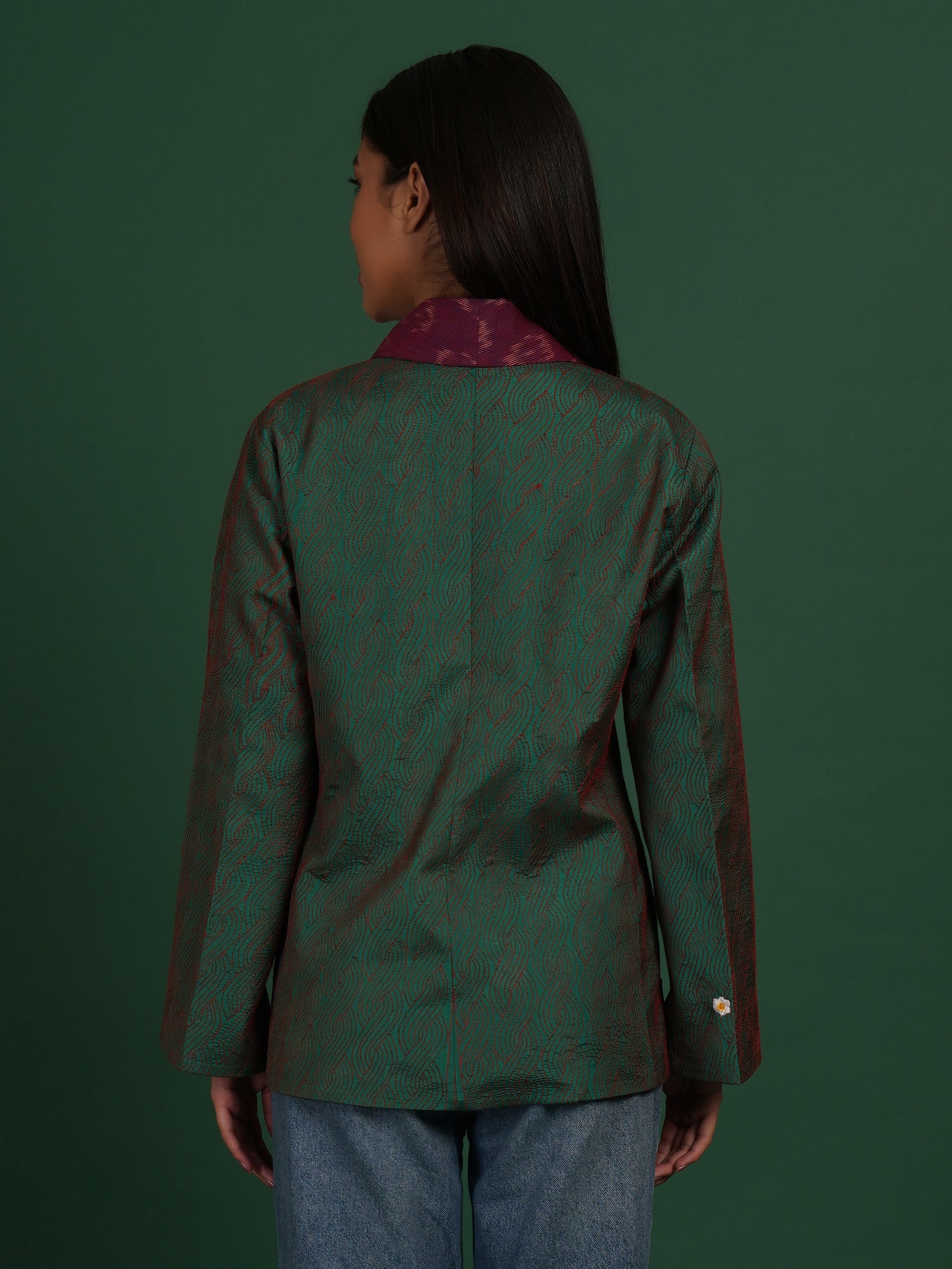 Green And Purple Kantha Ikat Cotton Short Jacket