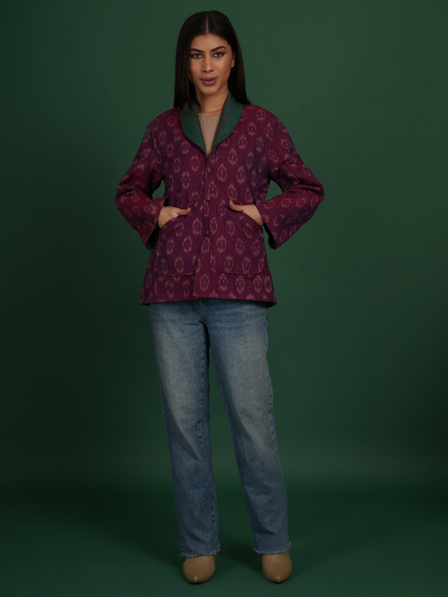 Green And Purple Kantha Ikat Cotton Short Jacket