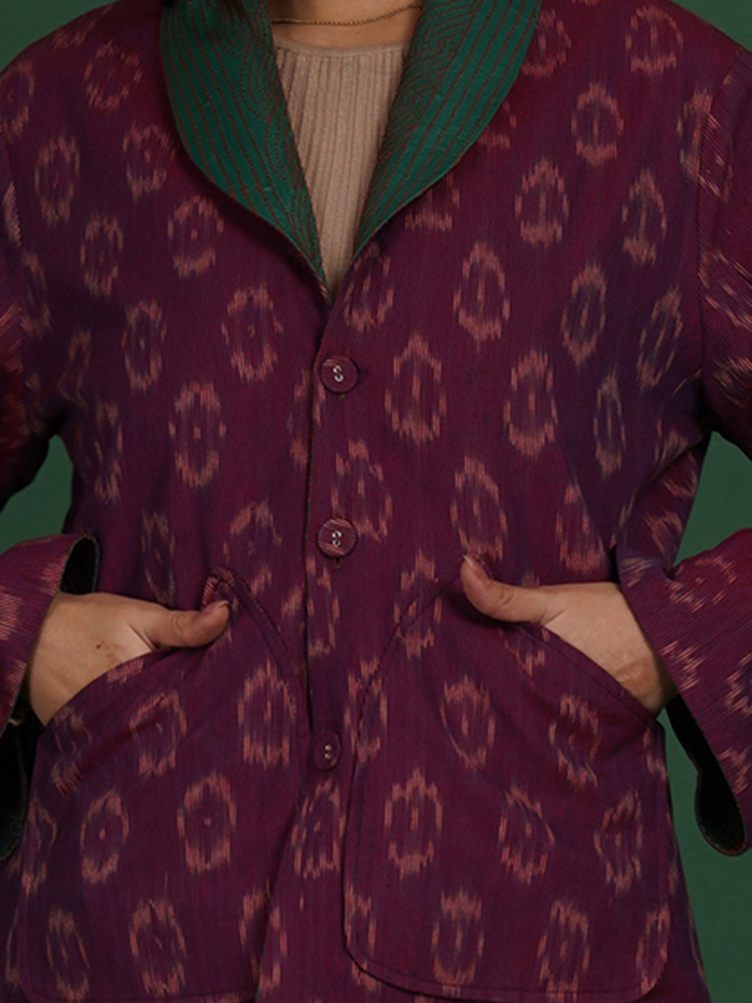 Green And Purple Kantha Ikat Cotton Short Jacket