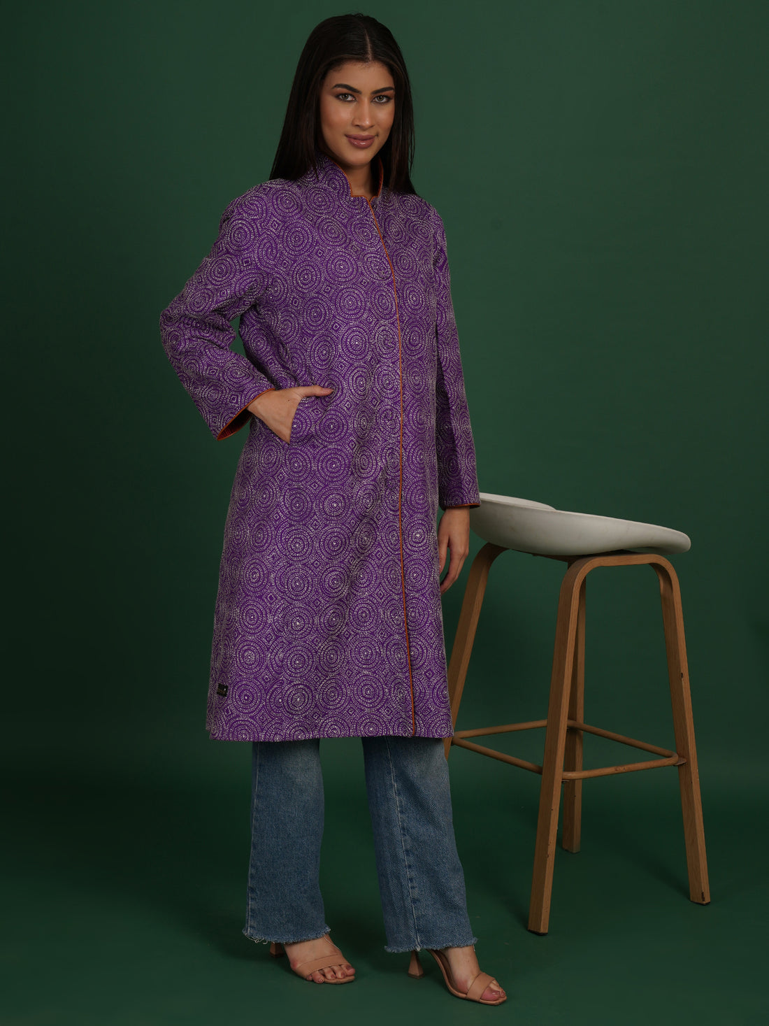 Purple Red Kantha Woollen Long Jacket