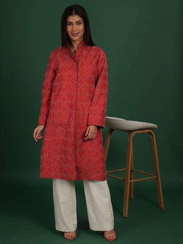 Redish Kantha Ikat Cotton Long Jacket