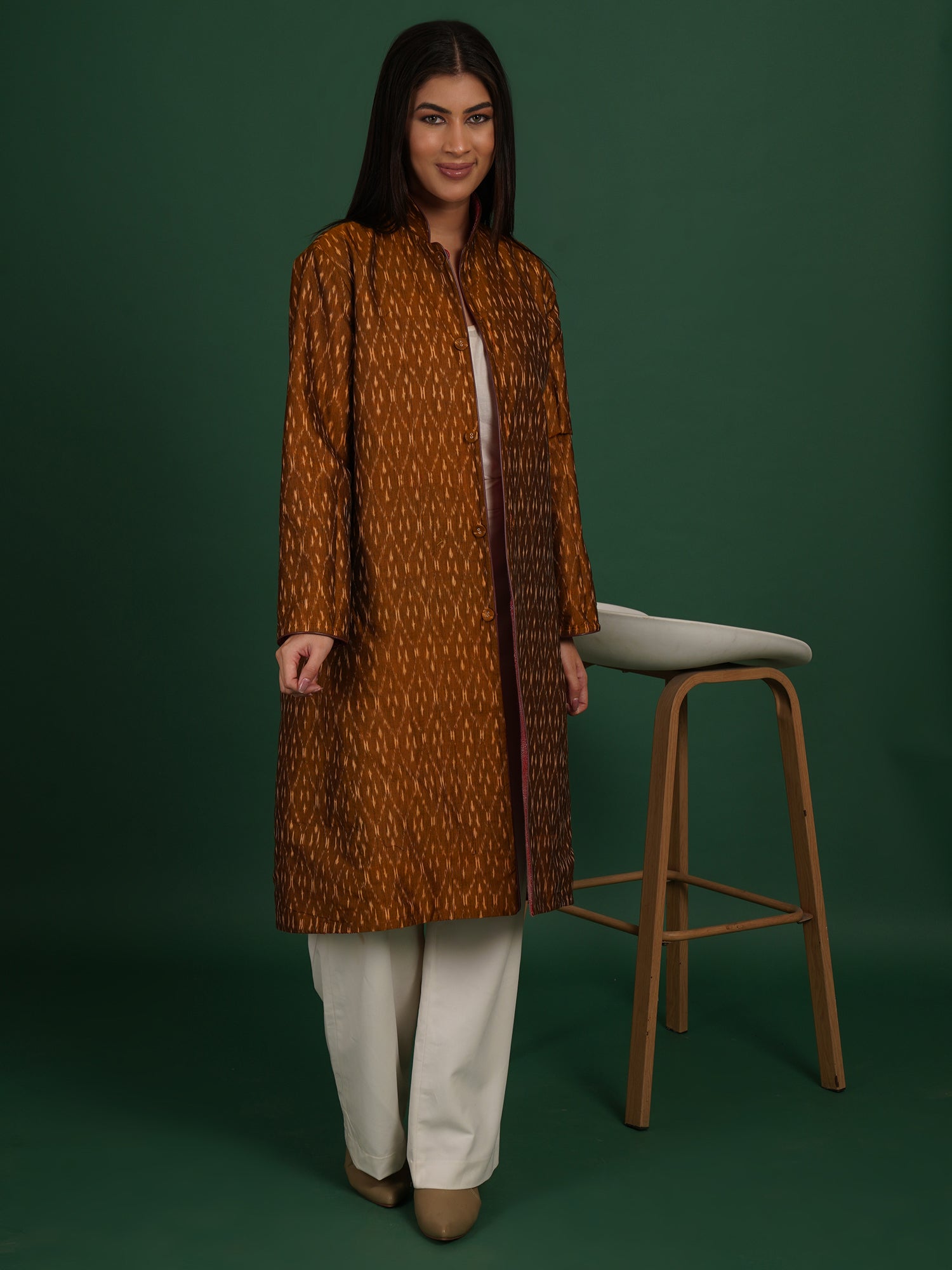 Redish Kantha Ikat Cotton Long Jacket