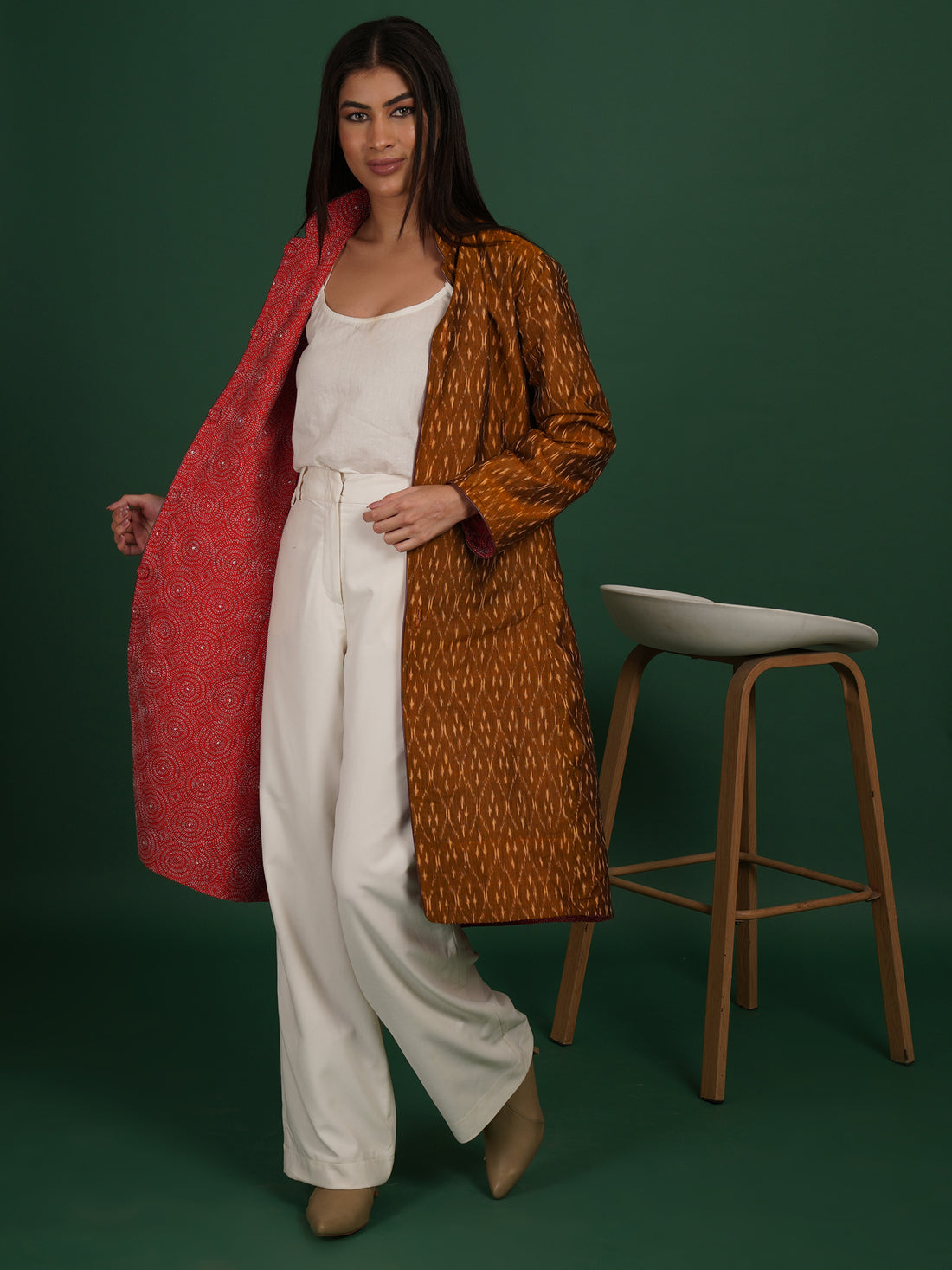 Redish Kantha Ikat Cotton Long Jacket