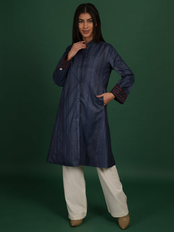 Purple Tussar Ikat Cotton Long Jacket