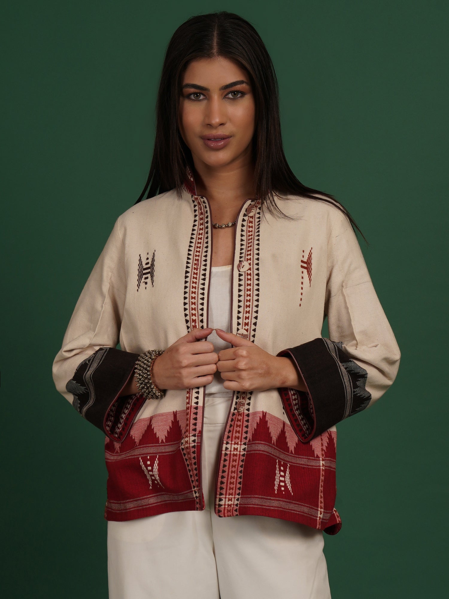 Off White Maroon Kotpad Ikat Cotton Short Jacket