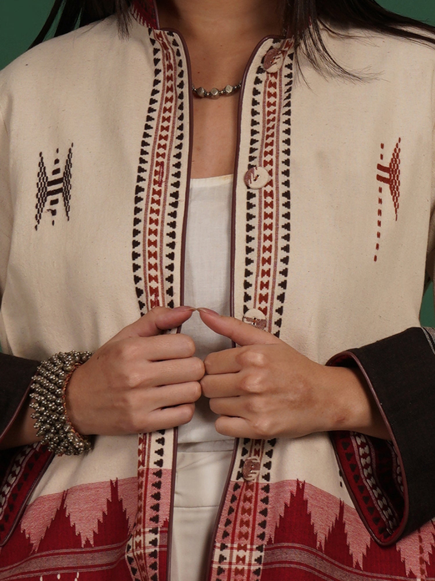 Off White Maroon Kotpad Ikat Cotton Short Jacket