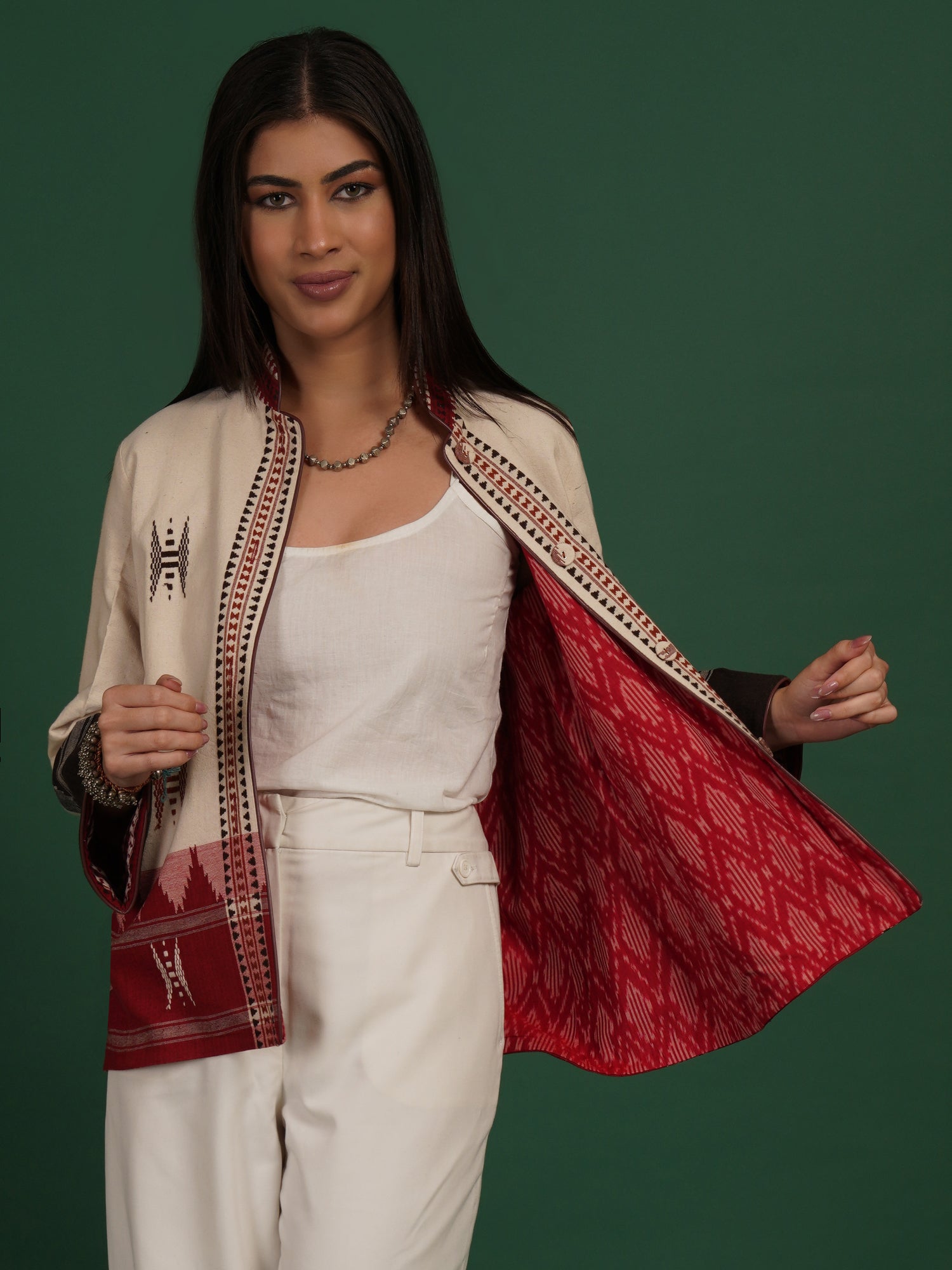 Off White Maroon Kotpad Ikat Cotton Short Jacket