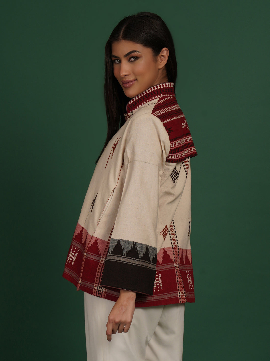 Off White Maroon Kotpad Ikat Cotton Short Jacket