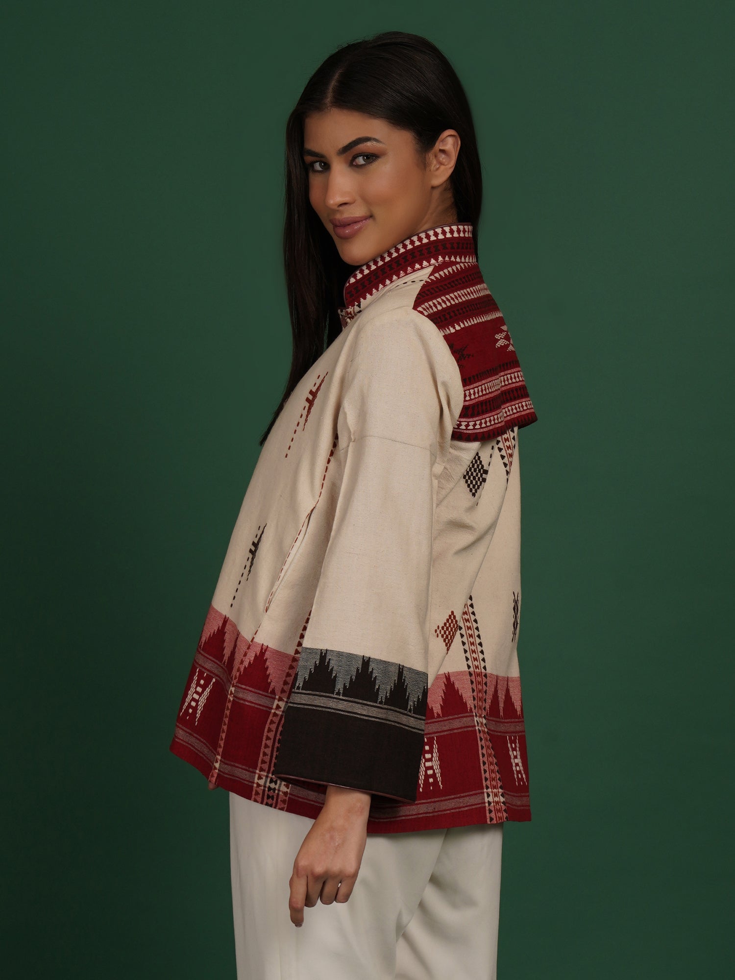 Off White Maroon Kotpad Ikat Cotton Short Jacket