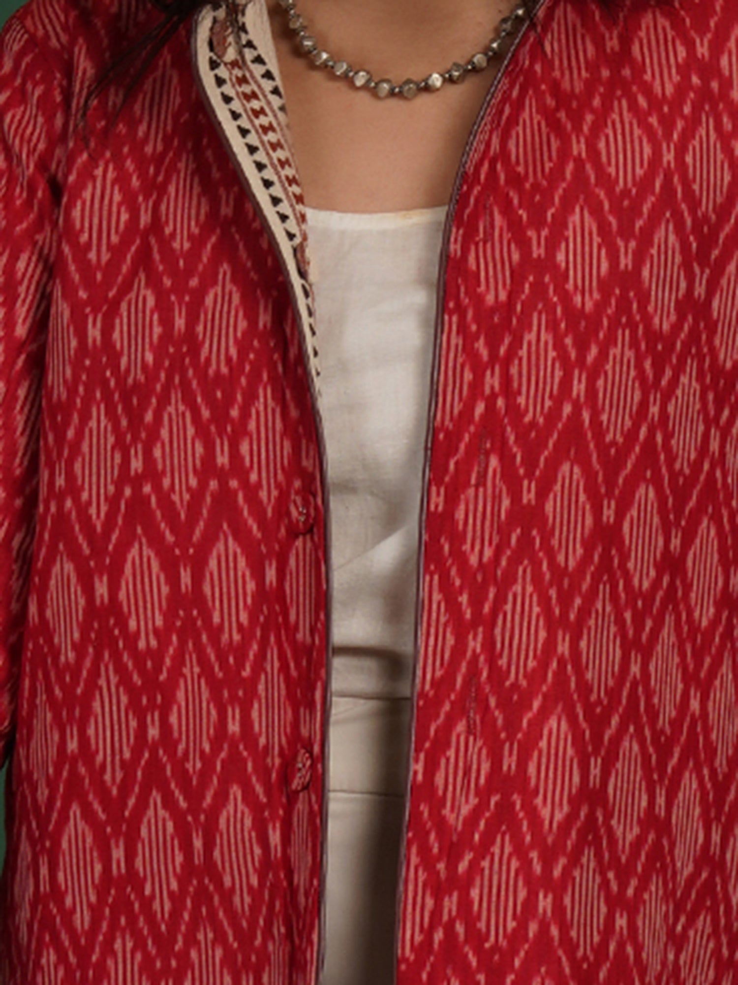 Off White Maroon Kotpad Ikat Cotton Short Jacket