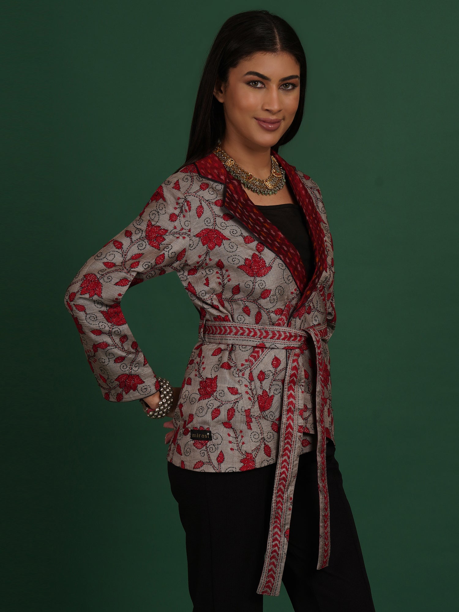Grey And Red Kantha Raw Silk Ikat Short Jacket