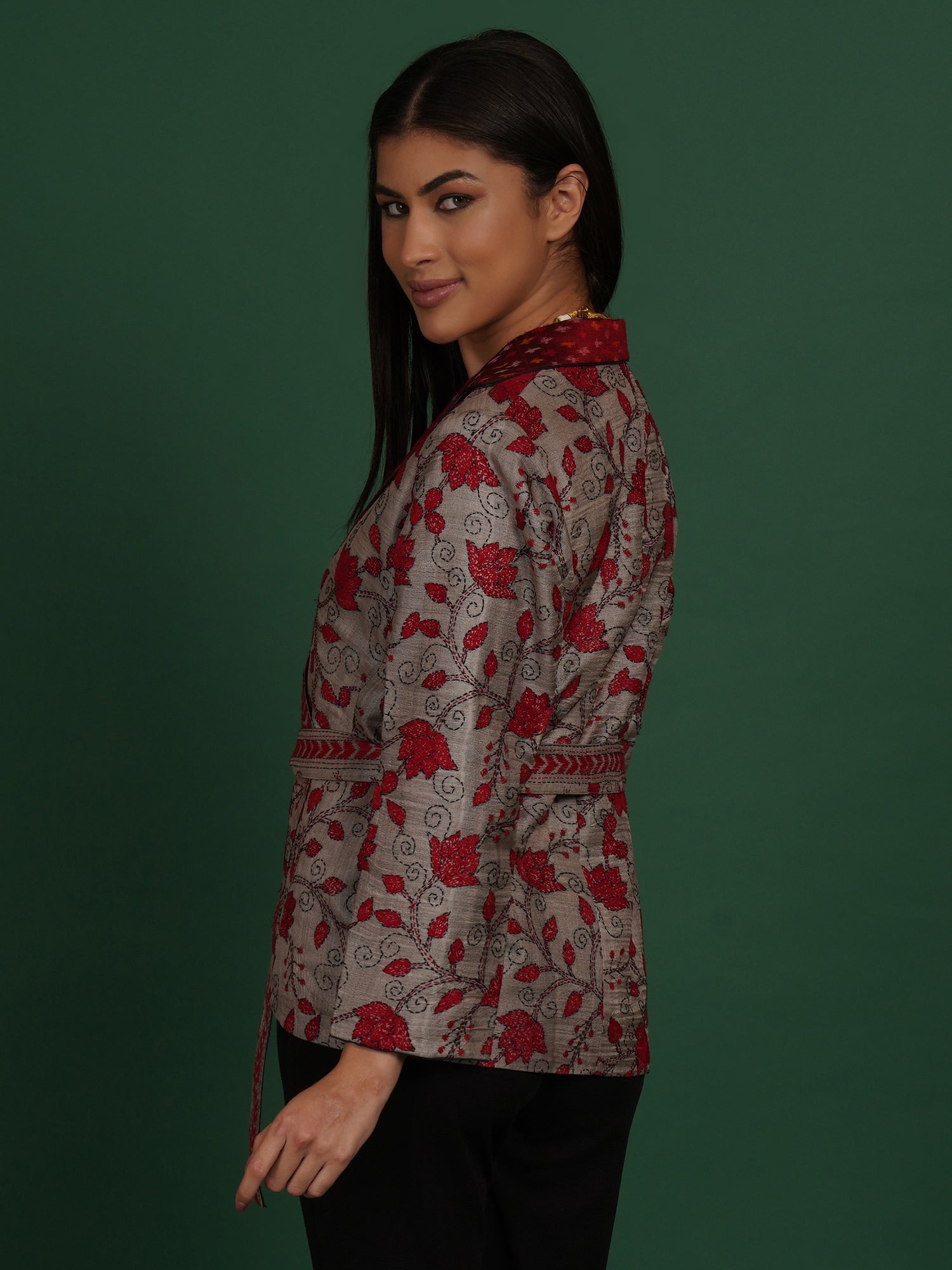 Grey And Red Kantha Raw Silk Ikat Short Jacket