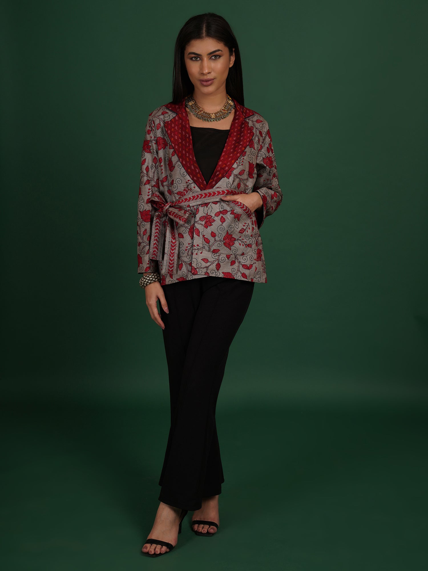 Grey And Red Kantha Raw Silk Ikat Short Jacket