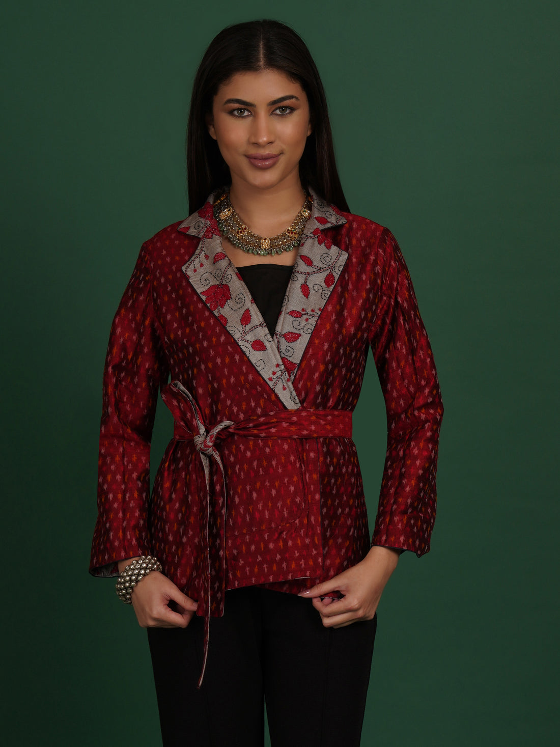 Grey And Red Kantha Raw Silk Ikat Short Jacket