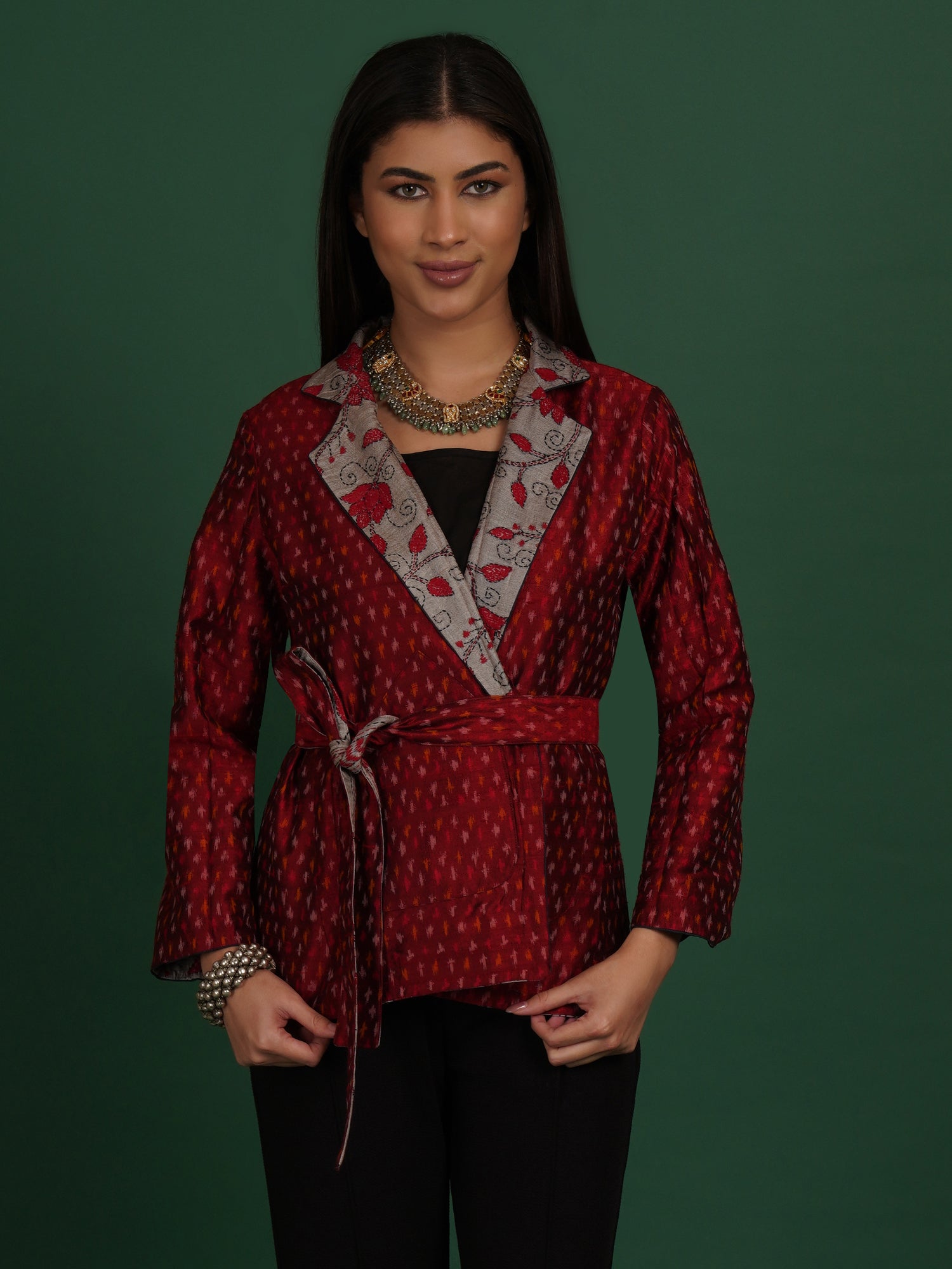 Grey And Red Kantha Raw Silk Ikat Short Jacket